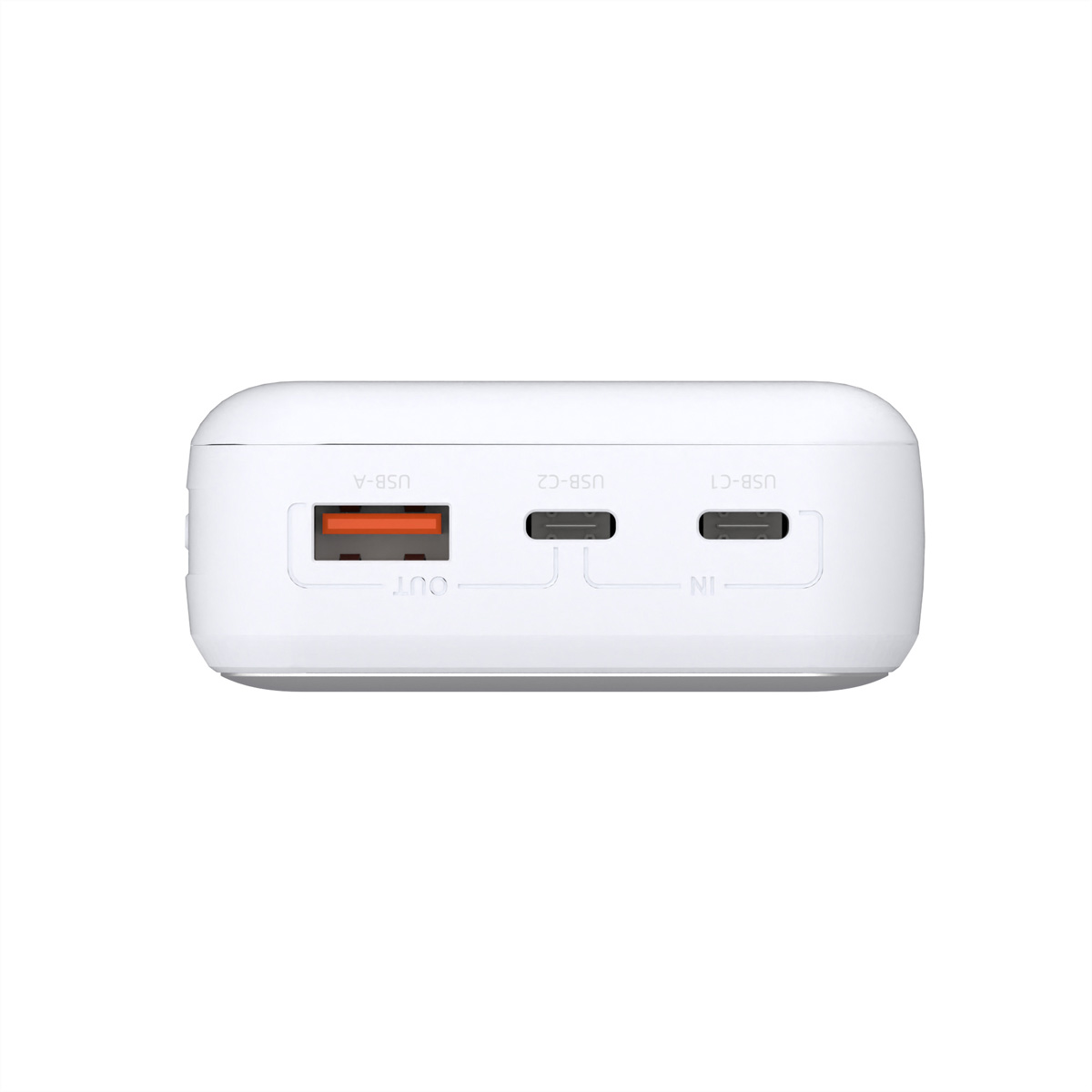 Weiße Powerbank mit einem USB-A- und zwei USB-C-Anschlüssen.
