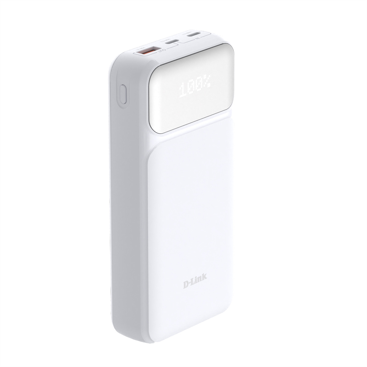 Ein weißes D-Link Powerbank mit 100% Anzeige auf dem Bildschirm.