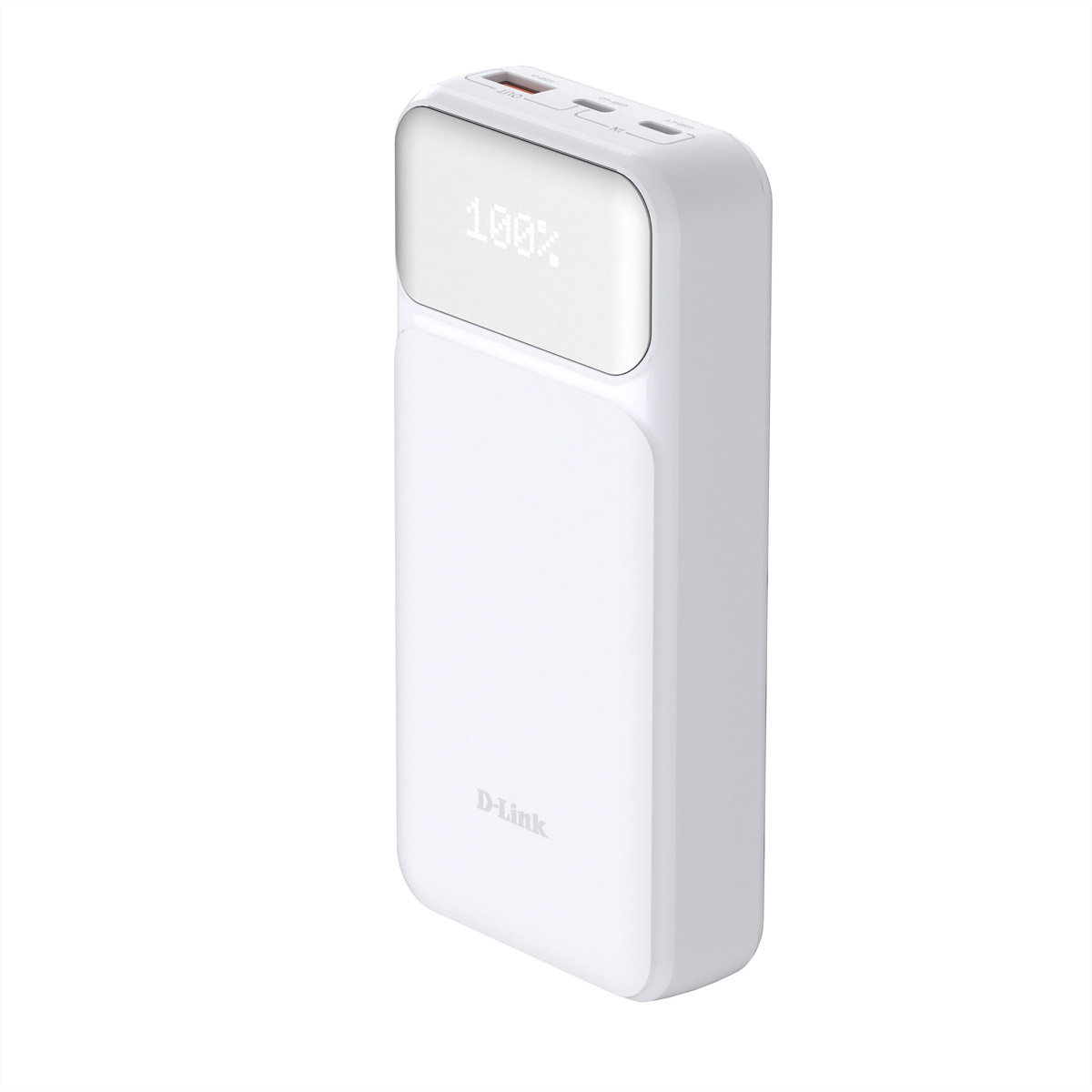 Eine weiße D-Link Powerbank mit Digitalanzeige, die 100 % Ladung anzeigt.