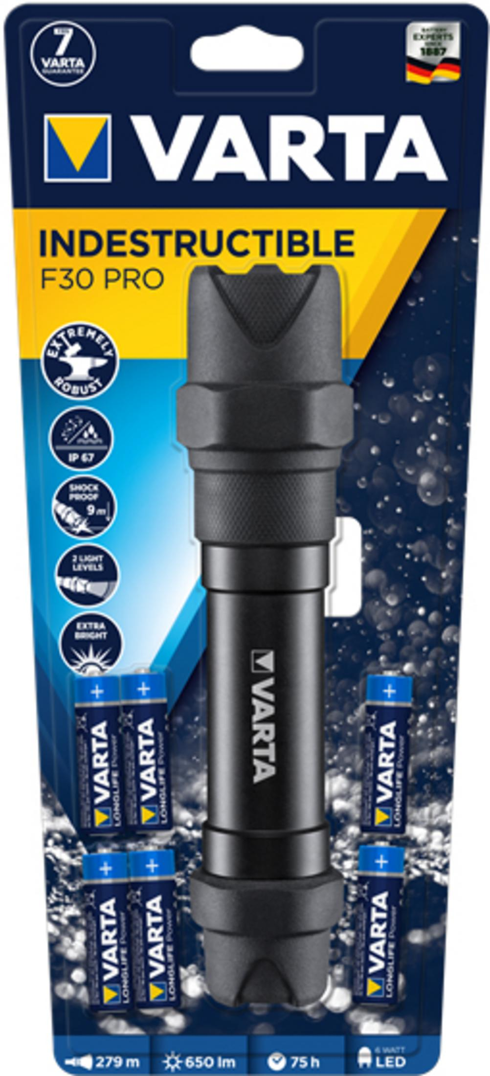 Lampe torche Varta F30 Pro avec 4 piles, étanche, antichoc.