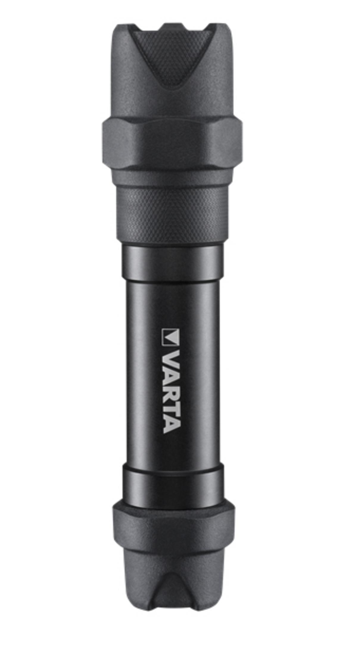 Lampe de poche Varta noire avec moletage et logo.