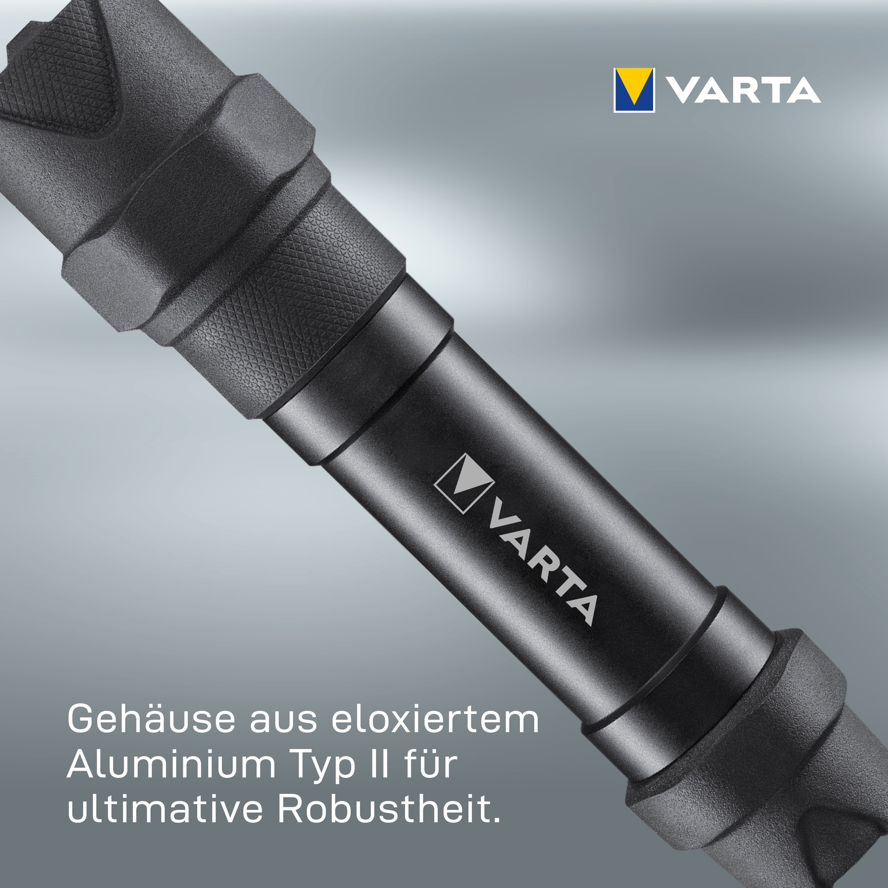Lampe de poche Varta noire en aluminium anodisé avec texte.