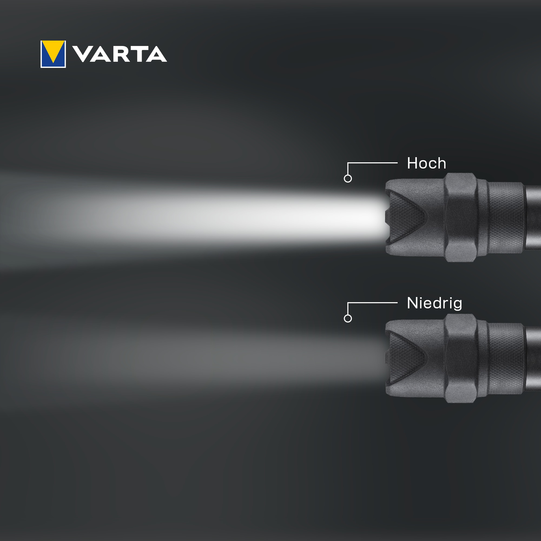 Logo Varta et deux faisceaux de lampe torche sur fond sombre.