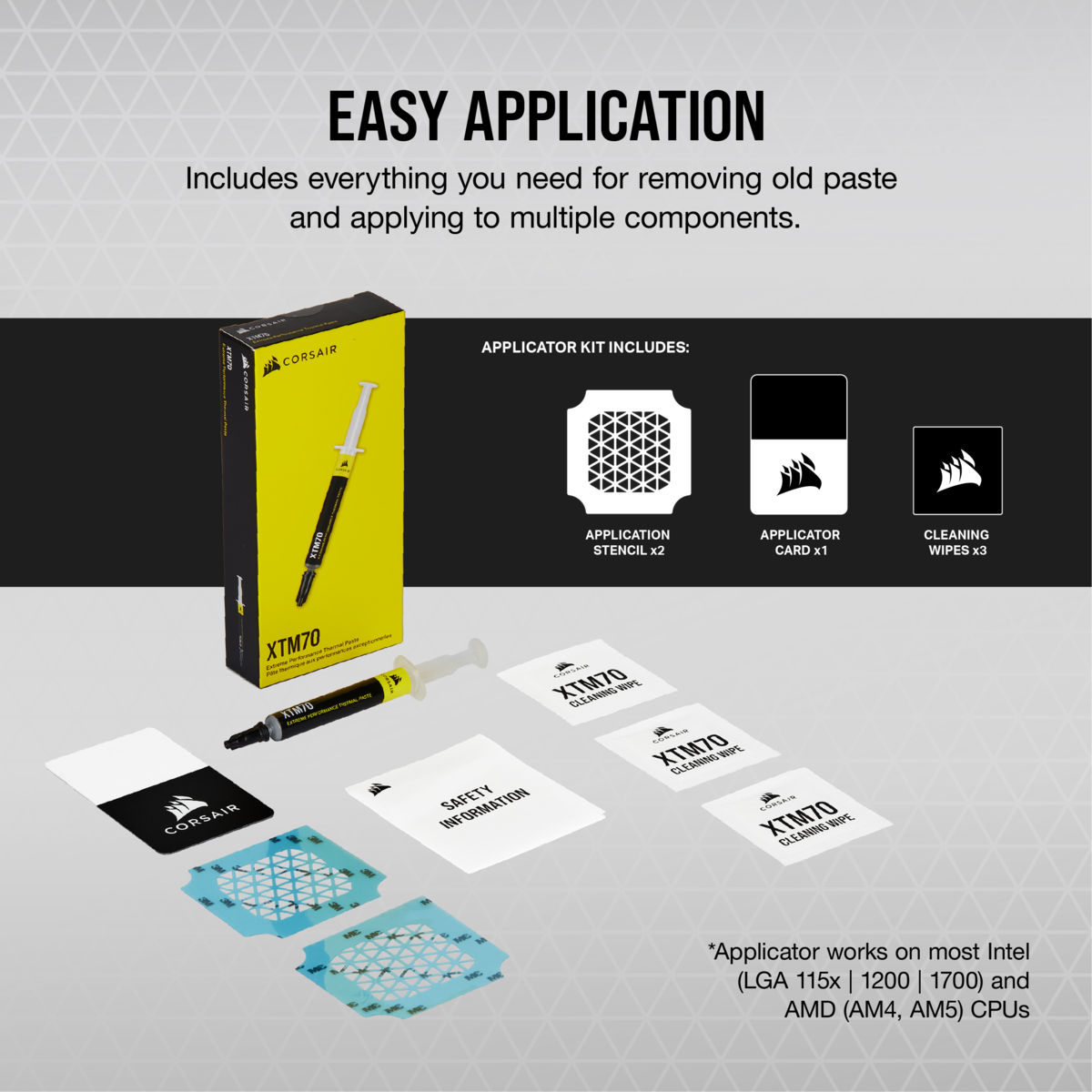 Corsair XTM70 Applikator-Kit: Paste, Stencils, Karte und Reinigungstücher.