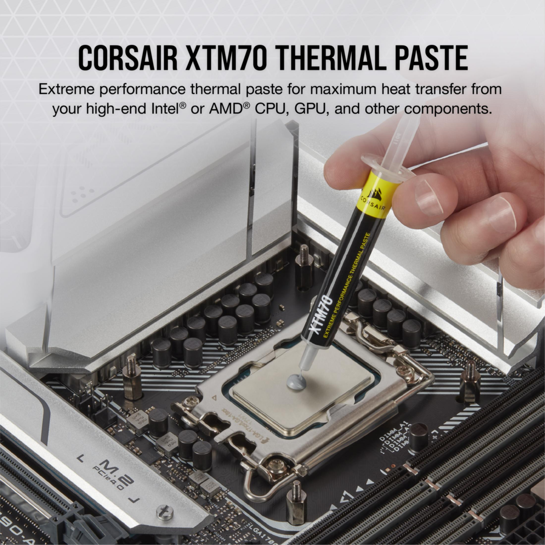 Eine Hand trägt Corsair XTM70 Wärmeleitpaste auf eine CPU auf.