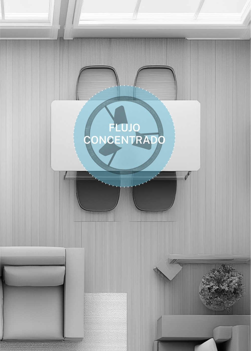 Una mesa con sillas y un diagrama circular que indica flujo de aire concentrado.