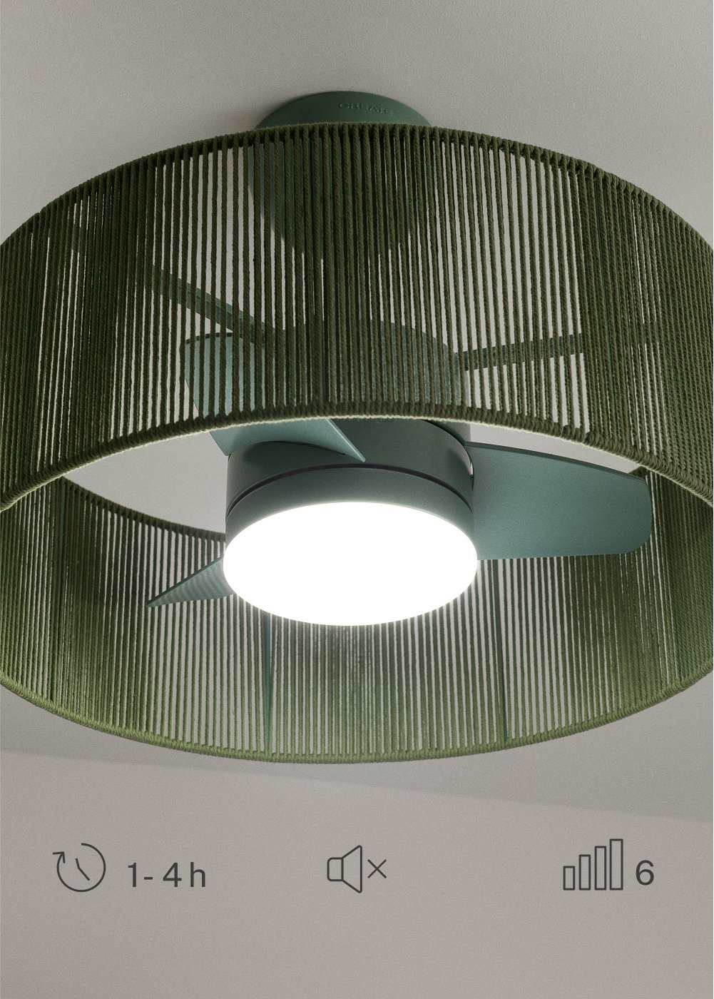 Ventilador de techo verde con pantalla de cuerda, luz LED e iconos de temporizador.