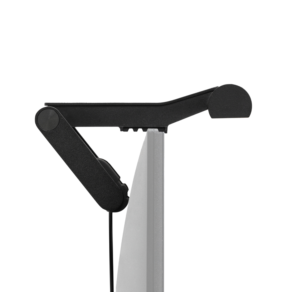 A black monitor arm is attached to a gray screen.