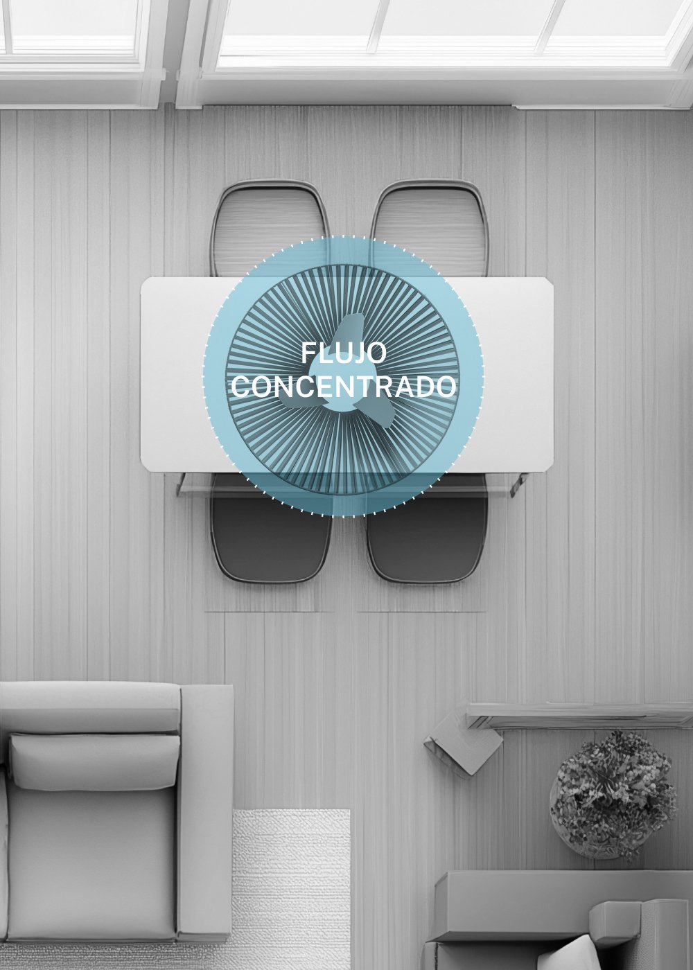 Vista aérea de un comedor con mesa, sillas, sofá y ventilador de techo.