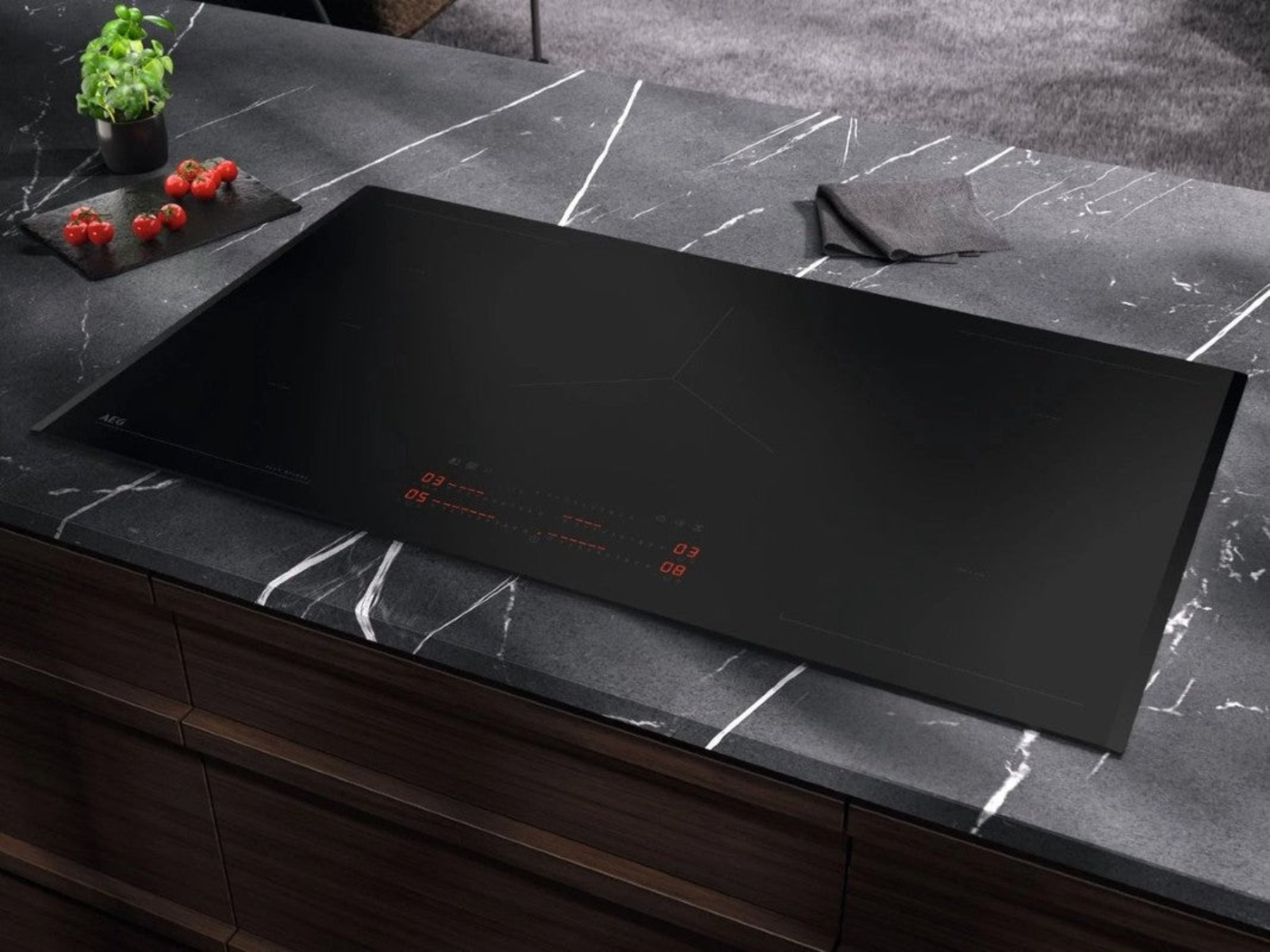 Black induction hob on marble countertop with cherry tomatoes and green plant.