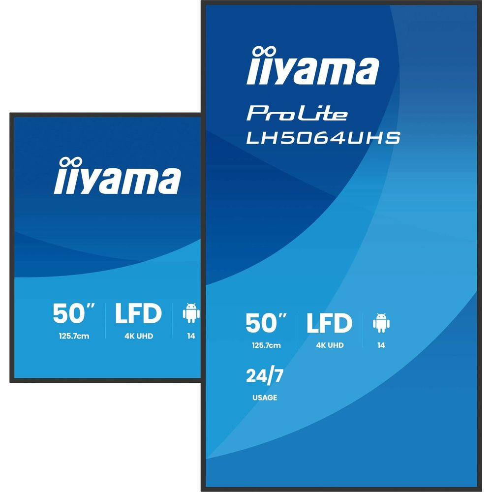 Dwa ekrany Iiyama LFD, jeden 50" 4K UHD, do użytku 24/7.