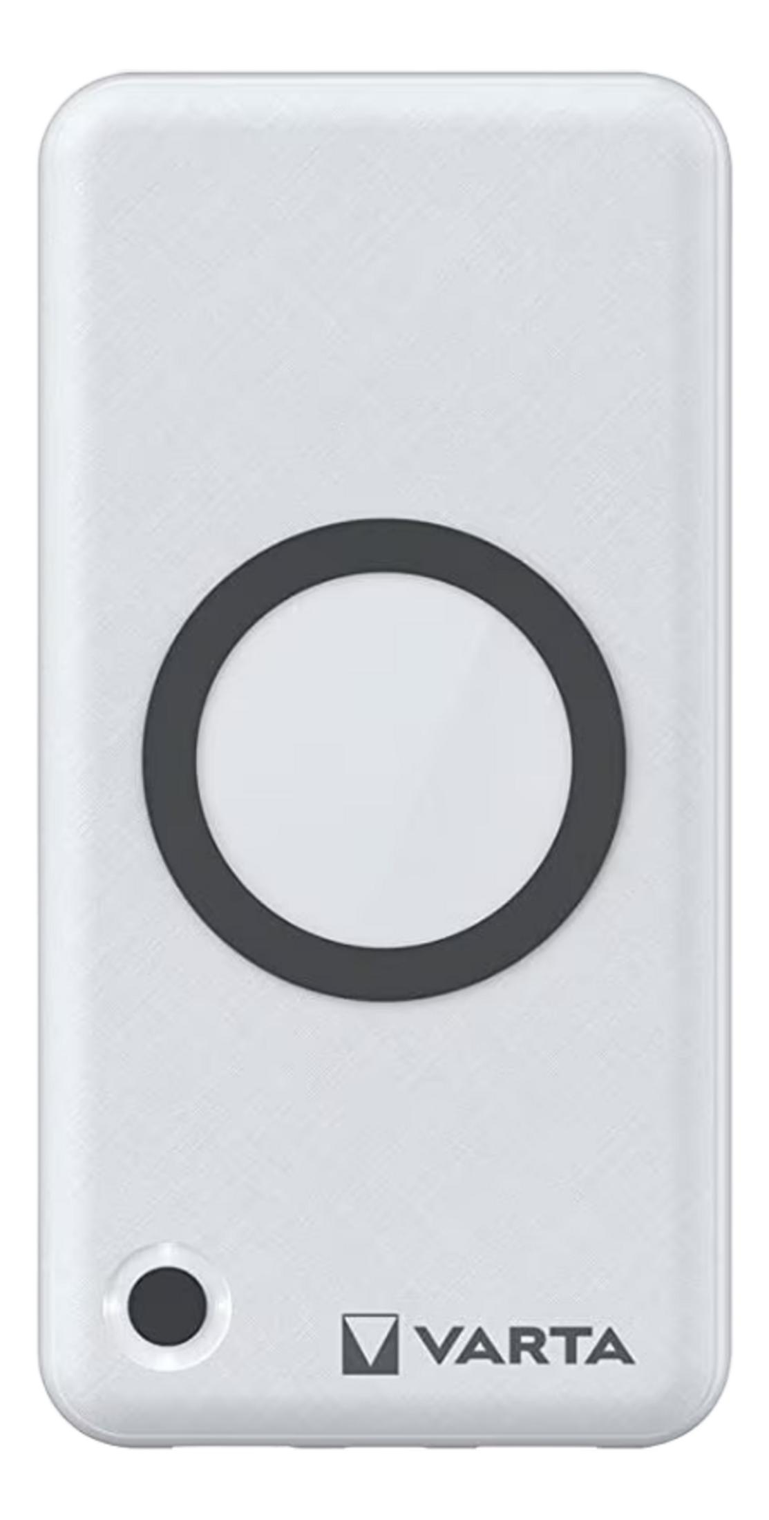 Weiße Varta Powerbank mit schwarzem Kreis und Ladeanzeige.