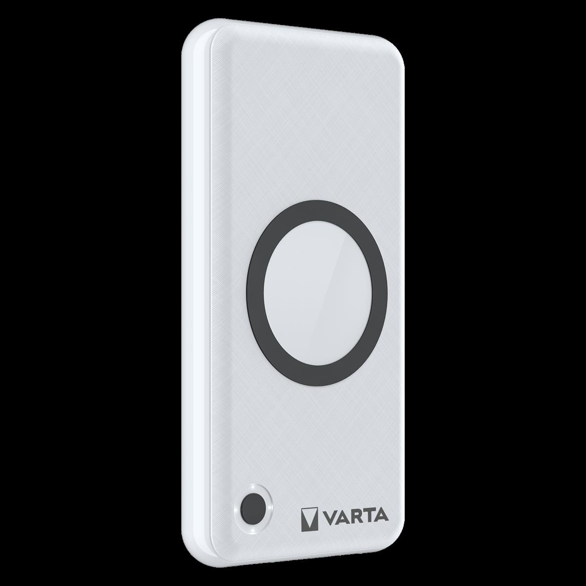 Weiße Powerbank mit Ladekreis und Varta-Logo.