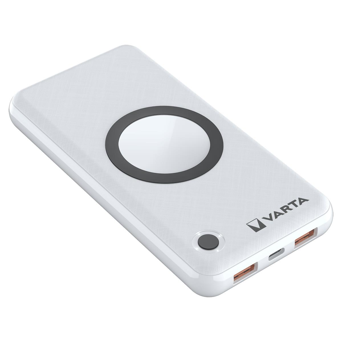 Weiße Varta Powerbank mit kabellosem Ladefeld und USB-Anschlüssen.