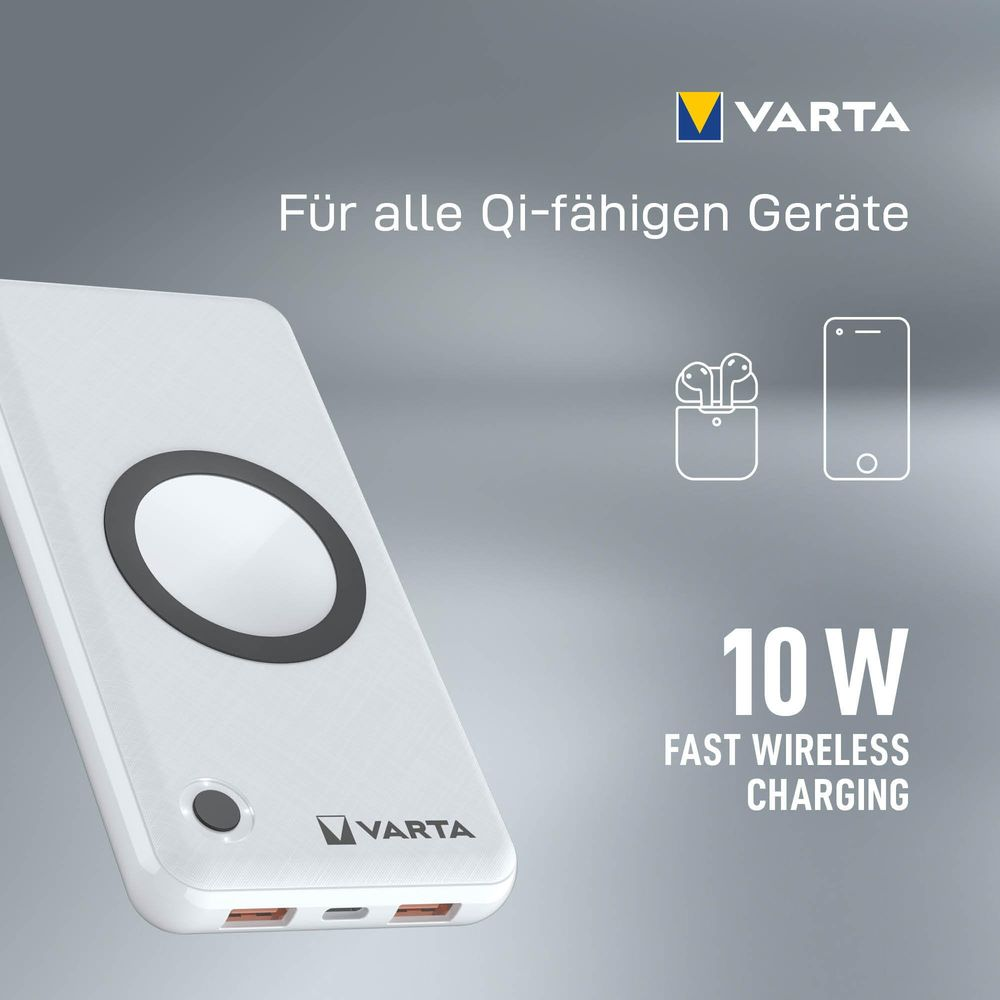 Varta Powerbank mit 10W Schnellladen für Qi-Geräte, Kopfhörer und Smartphone-Symbol.