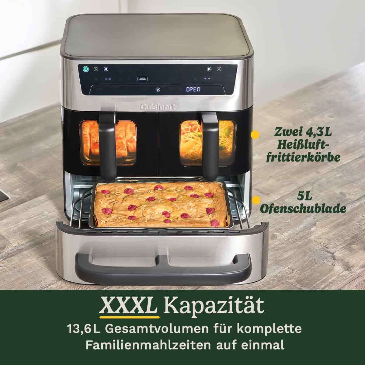Cuisinart Heißluftfritteuse mit zwei Körben, eine offene Schublade mit Kuchen.