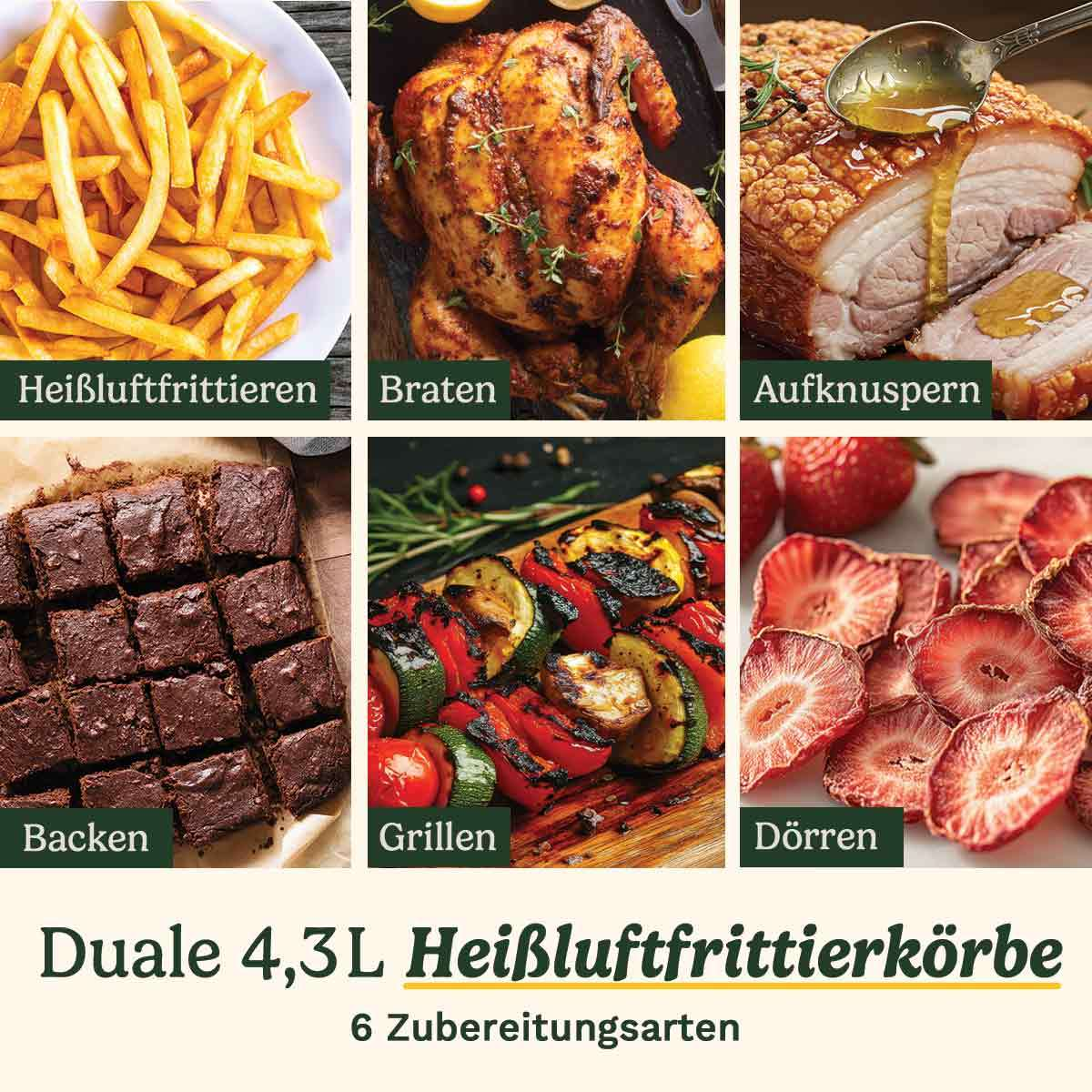 Sechs Zubereitungsarten: Pommes, Braten, knuspriger Schweinebauch, Brownies, Grillgemüse, Erdbeeren.