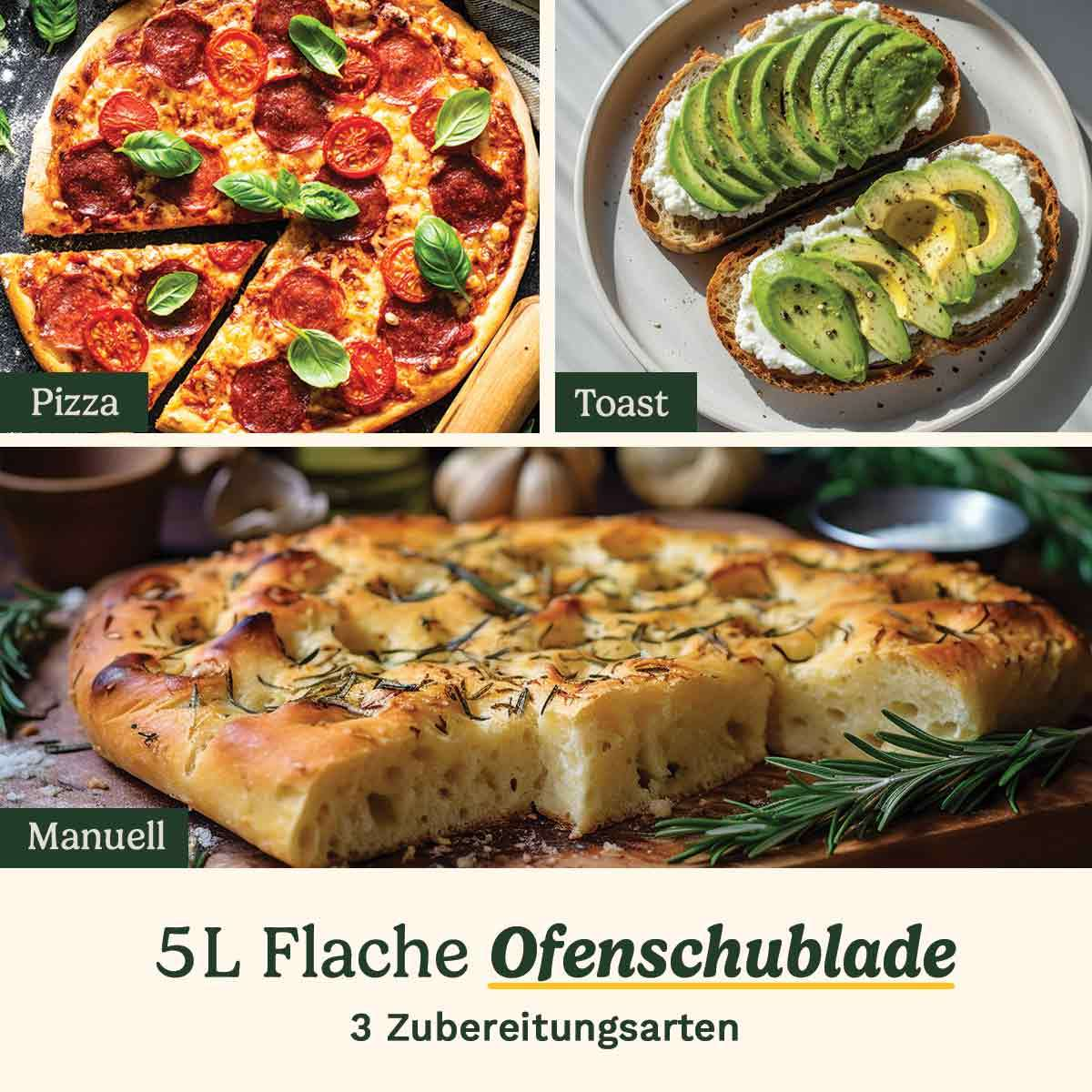 Drei Gerichte: Pizza, Avocado-Toast und Focaccia. Mit Textbeschreibung.