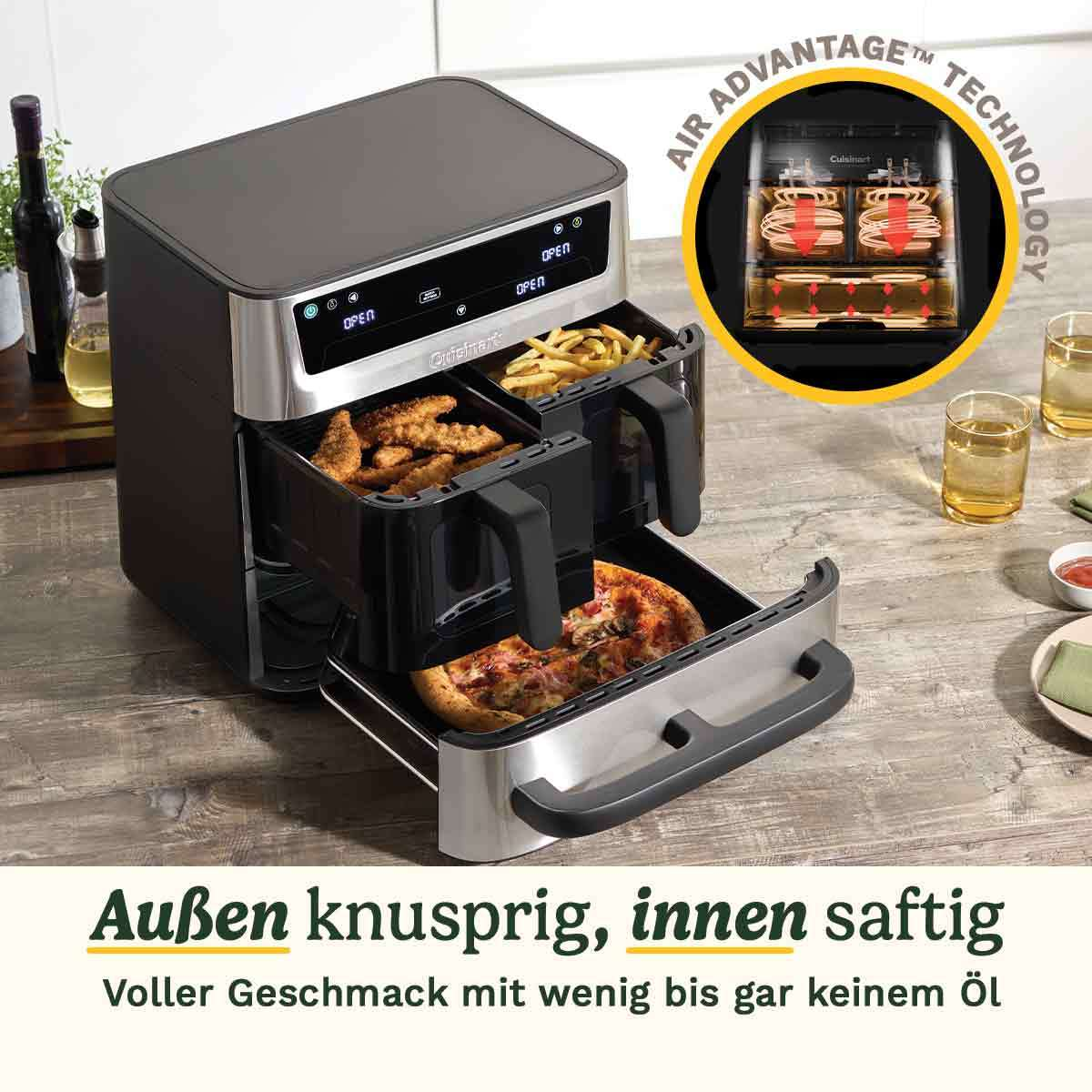 Ein Cuisinart Heißluftfritteuse mit zwei Schubladen, gefüllt mit Pommes, Hähnchen und Pizza.