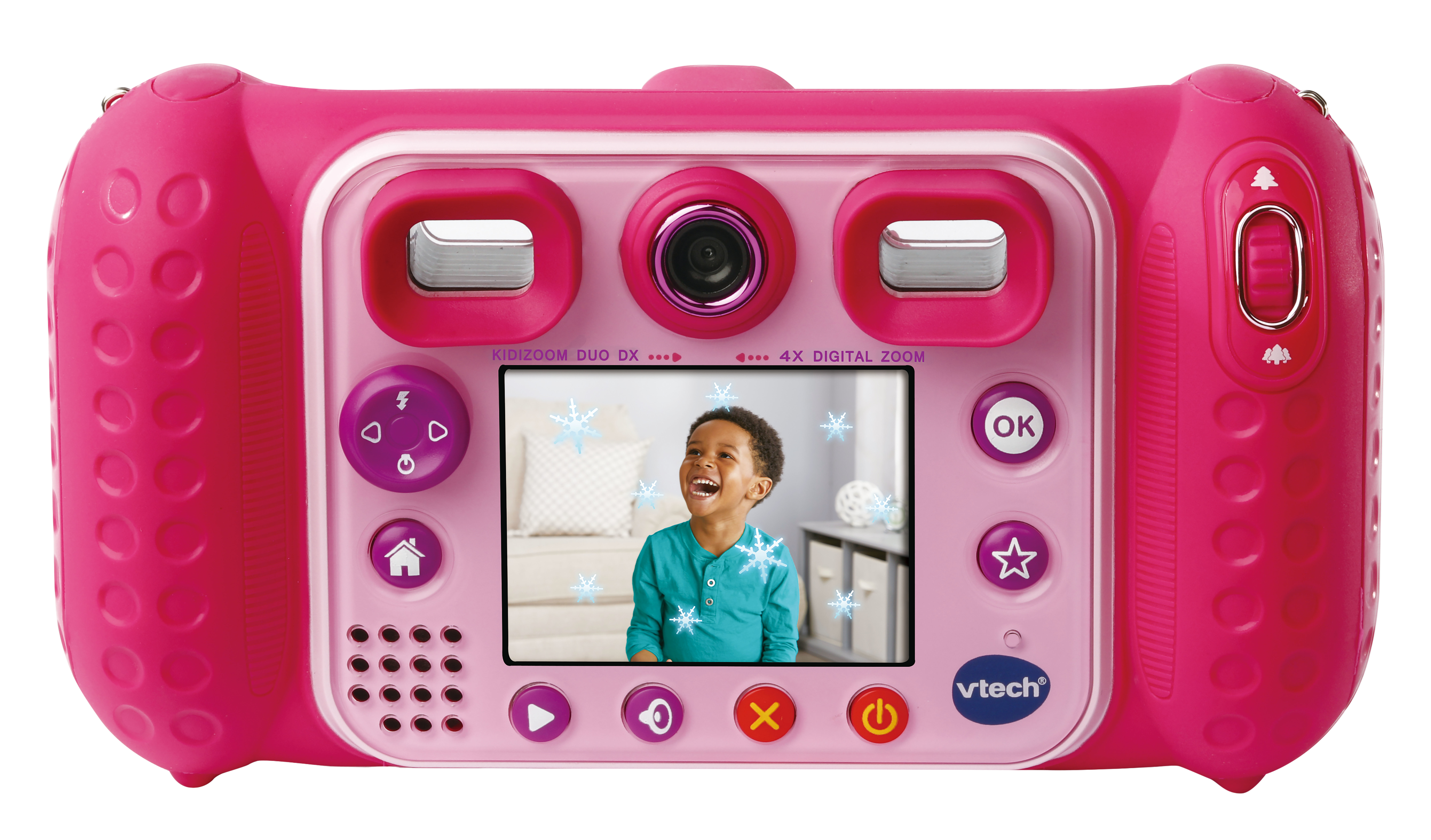 Eine rosafarbene VTech-Kamera mit einem Jungen auf dem Bildschirm.