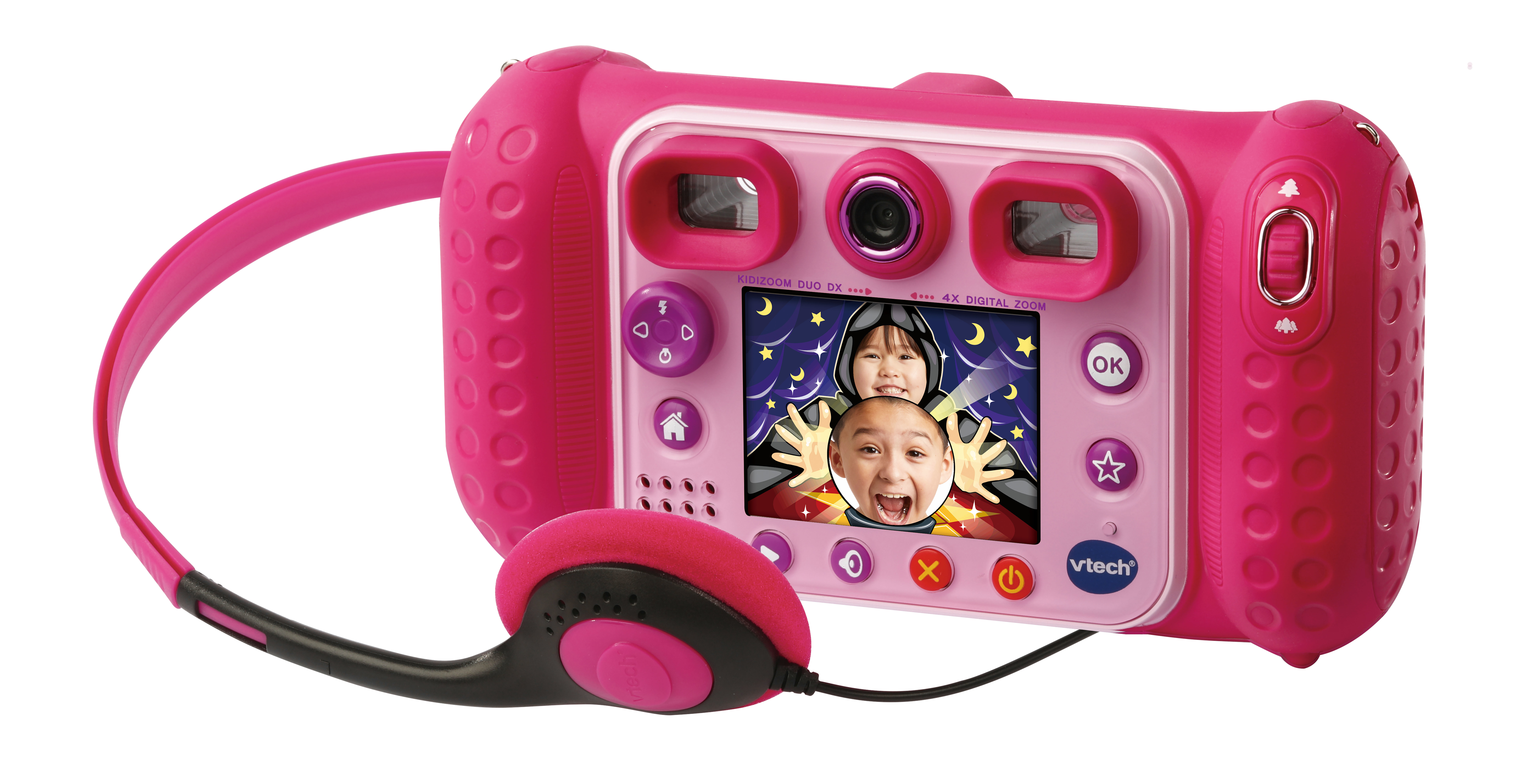Eine rosafarbene VTech-Kamera mit Kopfhörern und einem Bildschirm, der zwei Kinder zeigt.