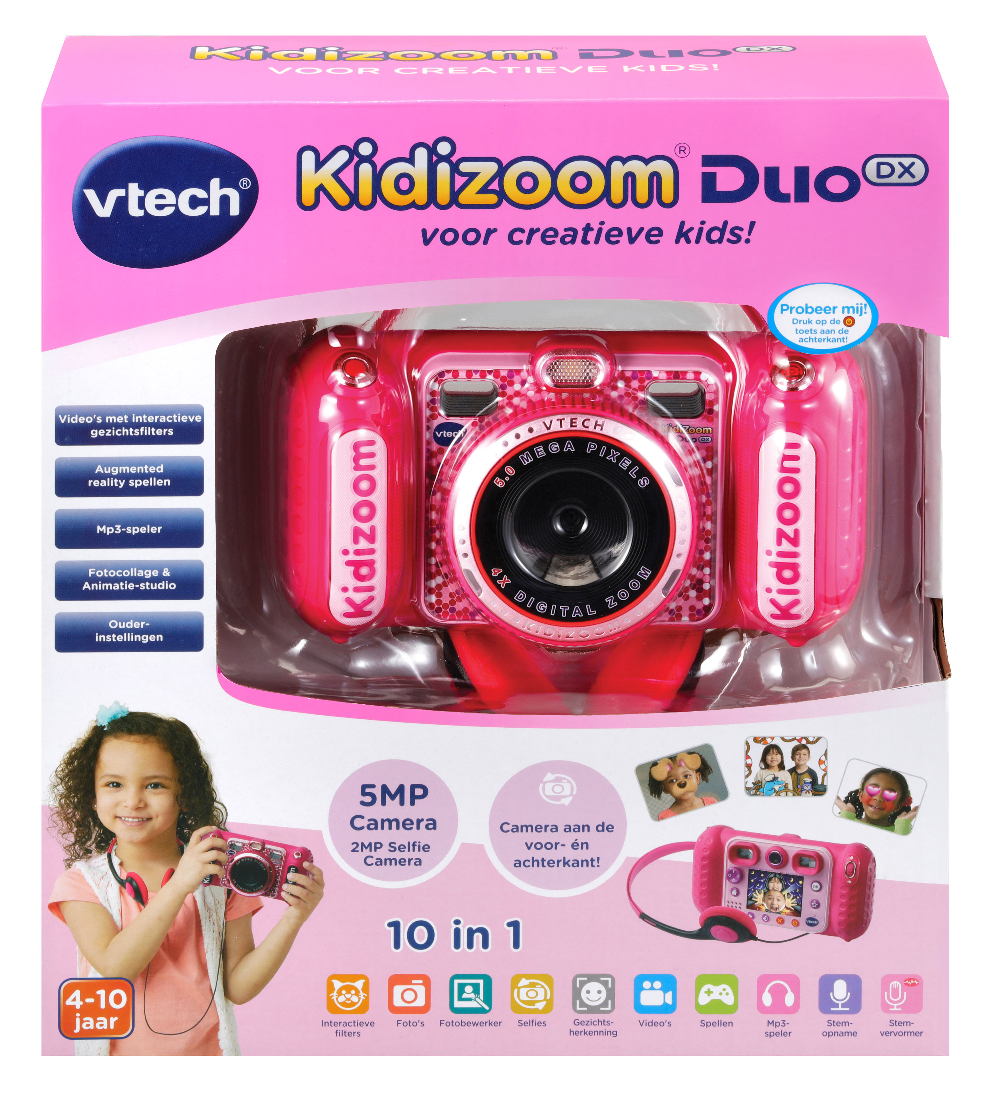 VTech Kidizoom Duo DX Pink Kamera mit Kind auf Verpackung.