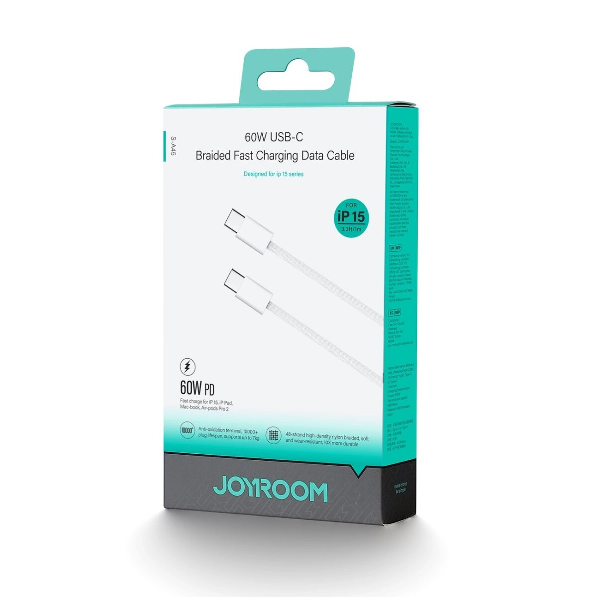 Weißes geflochtenes USB-C-Kabel, 60W PD, für iP 15, Joyroom-Verpackung.