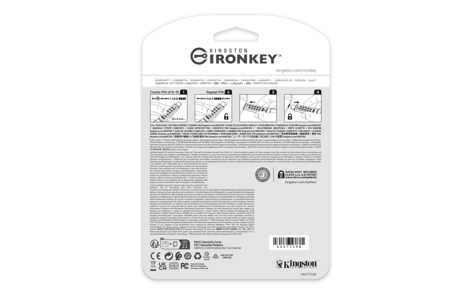 Kingston Ironkey met instructies voor het maken en wijzigen van een pincode.