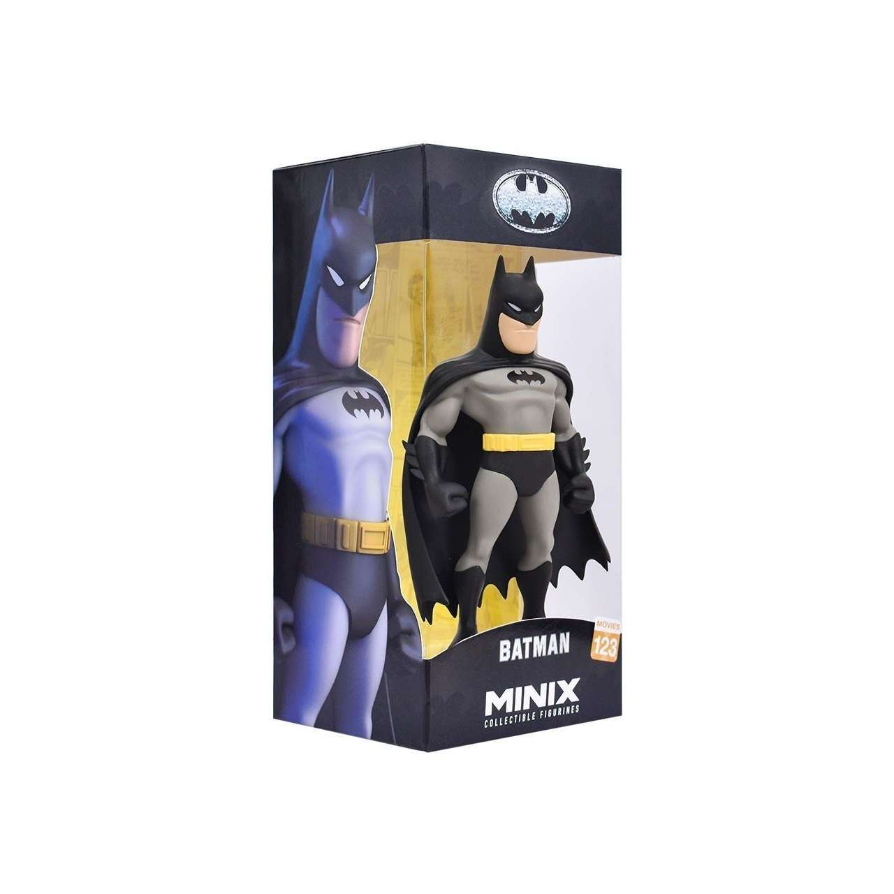 Ambalajında sarı kemerli ve siyah pelerinli Batman aksiyon figürü.