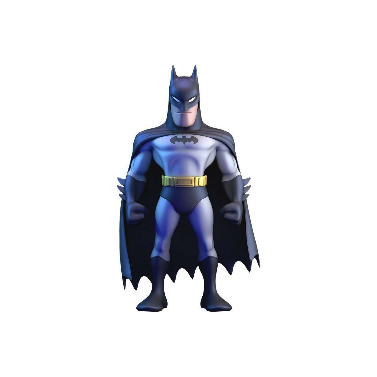 Gri ve mavi renklerde, pelerinli ve sarı kemerli stilize edilmiş Batman figürü.