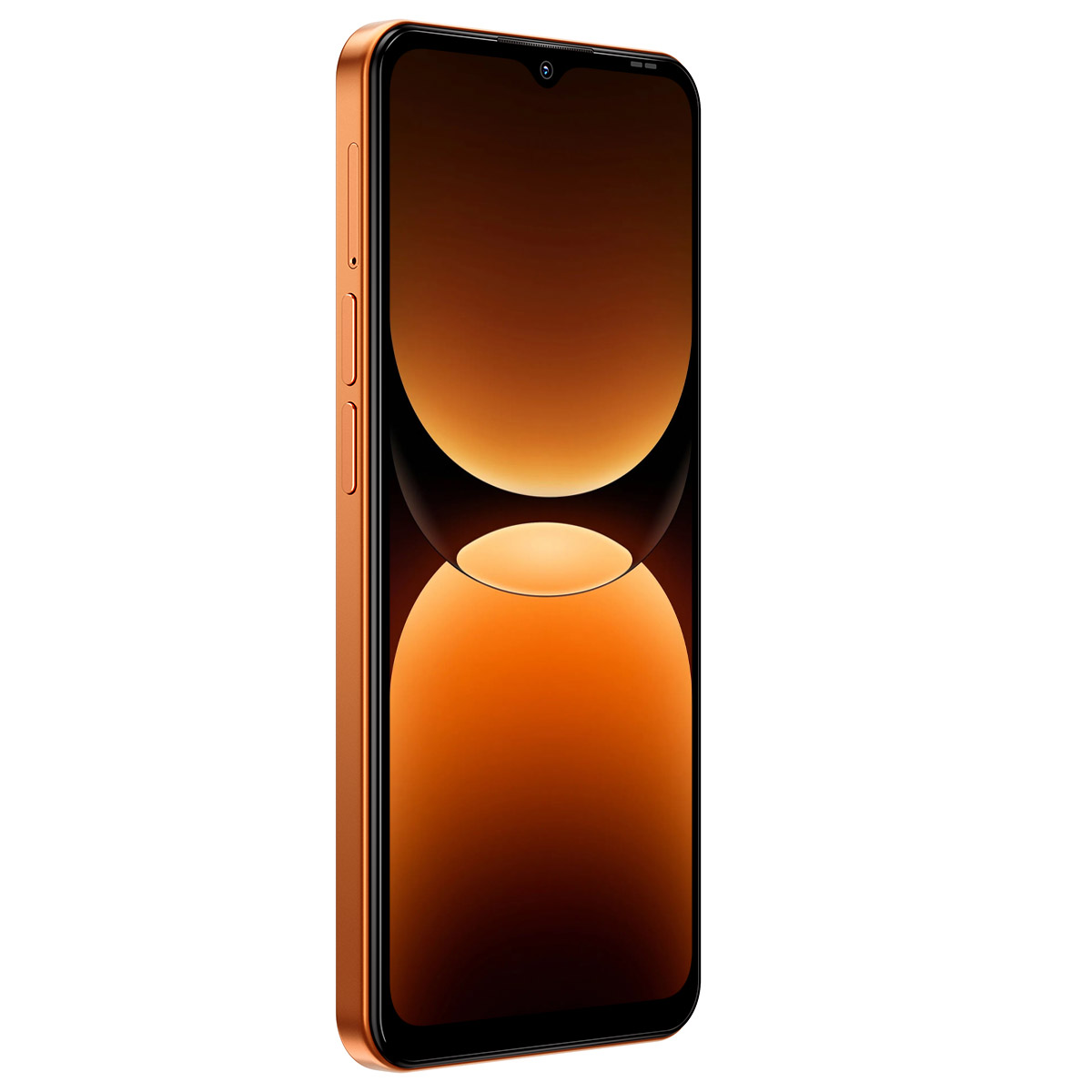 Ein orangefarbenes Smartphone mit einem V-förmigen Ausschnitt und einem Ladebildschirm.