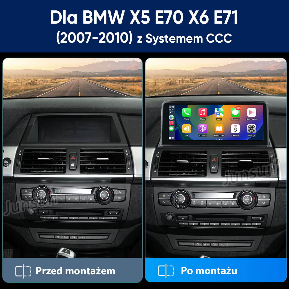 Porównanie deski rozdzielczej BMW X5/X6 przed i po montażu systemu multimedialnego.