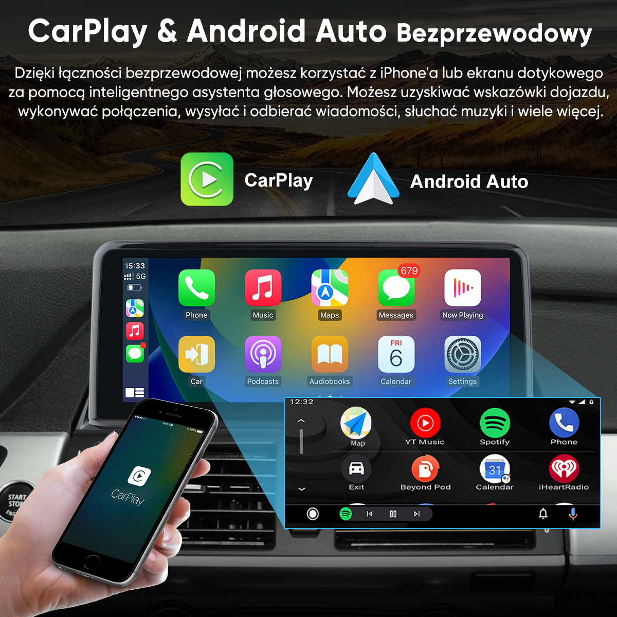 Smartfon pokazuje ikonę CarPlay, obok ekran systemu multimedialnego samochodu z aplikacjami.