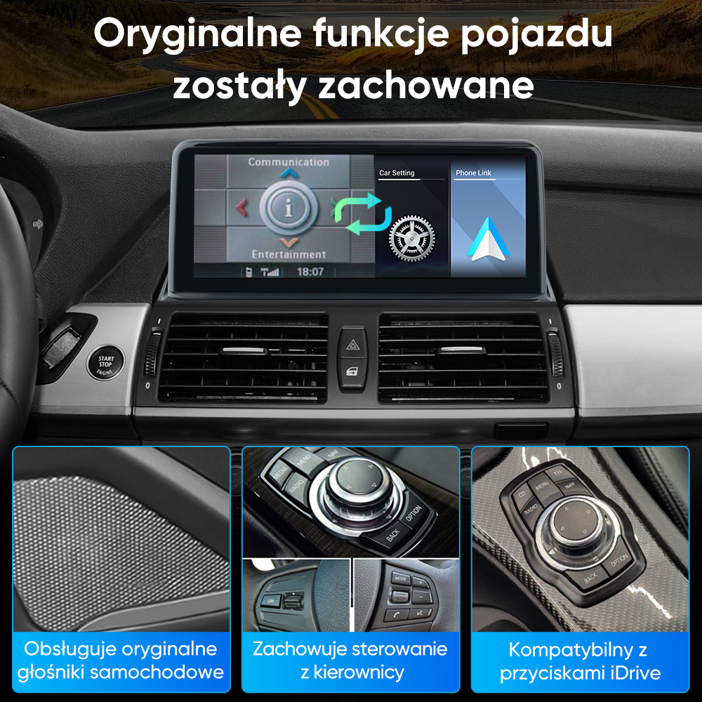 Deska rozdzielcza samochodu z ekranem multimedialnym, nawiewami i przyciskami.