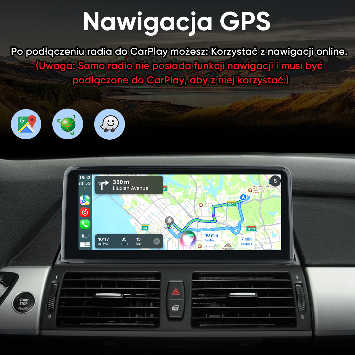 Ekran nawigacji samochodowej pokazujący trasę z informacjami o ruchu i ikonami aplikacji.