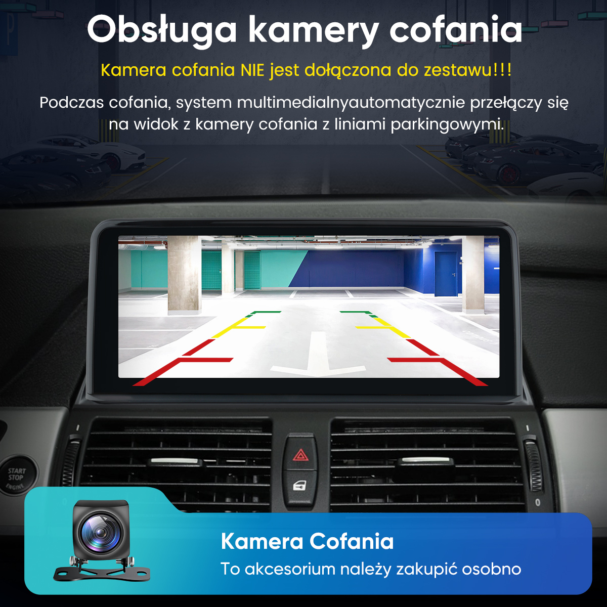 Widok wnętrza samochodu z wyświetlaczem kamery cofania i liniami parkowania.