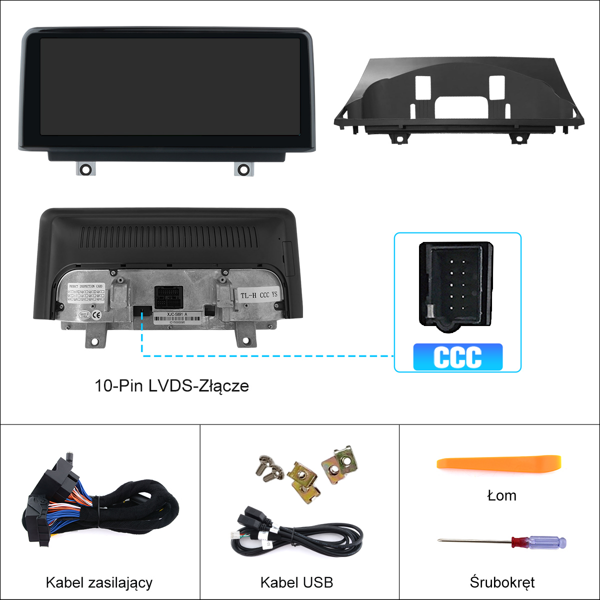 Wyświetlacz samochodowy, akcesoria i kable na białym tle.