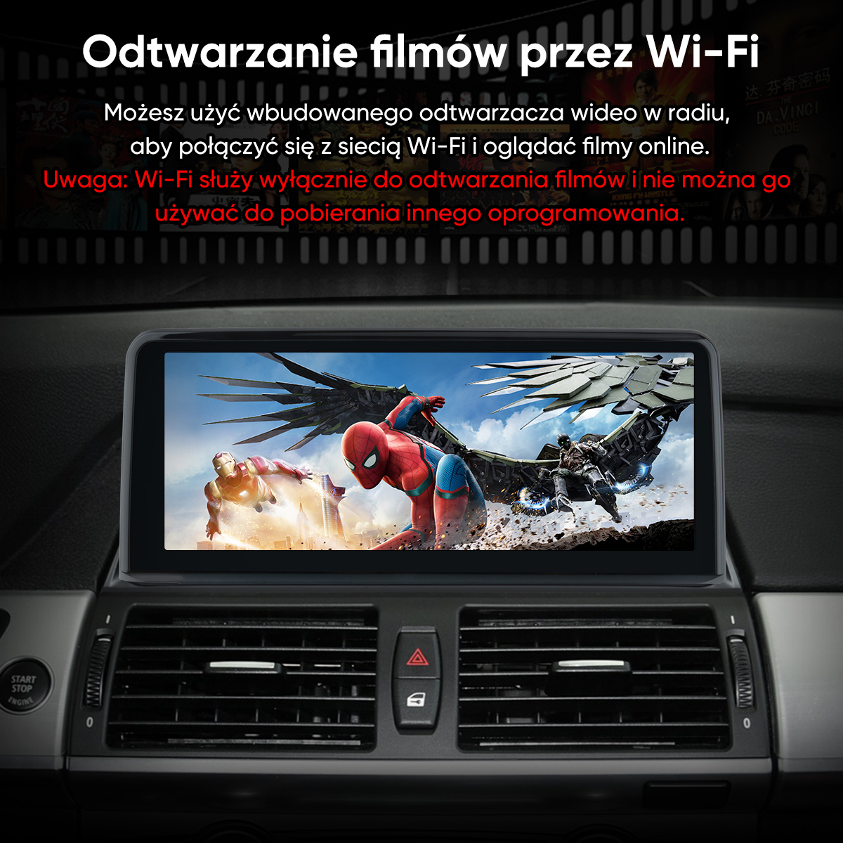 System multimedialny w samochodzie wyświetla scenę z filmu z superbohaterami, Spider-Manem i Iron Manem.