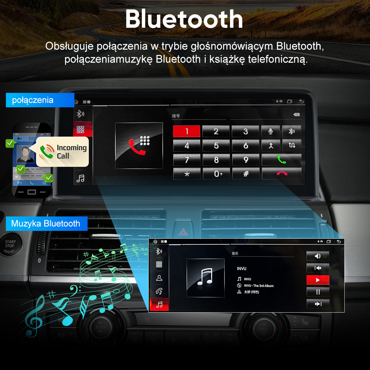 Ekran samochodu pokazujący połączenie przychodzące i odtwarzanie muzyki Bluetooth.