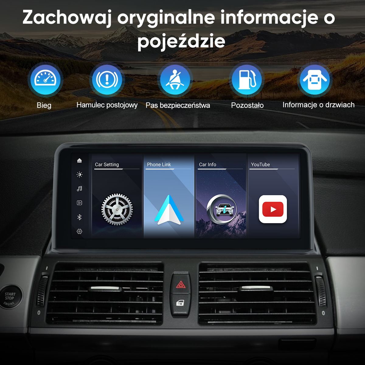 Deska rozdzielcza samochodu z systemem infotainment. Ikony informacji o aucie na górze, menu dotykowe na dole.