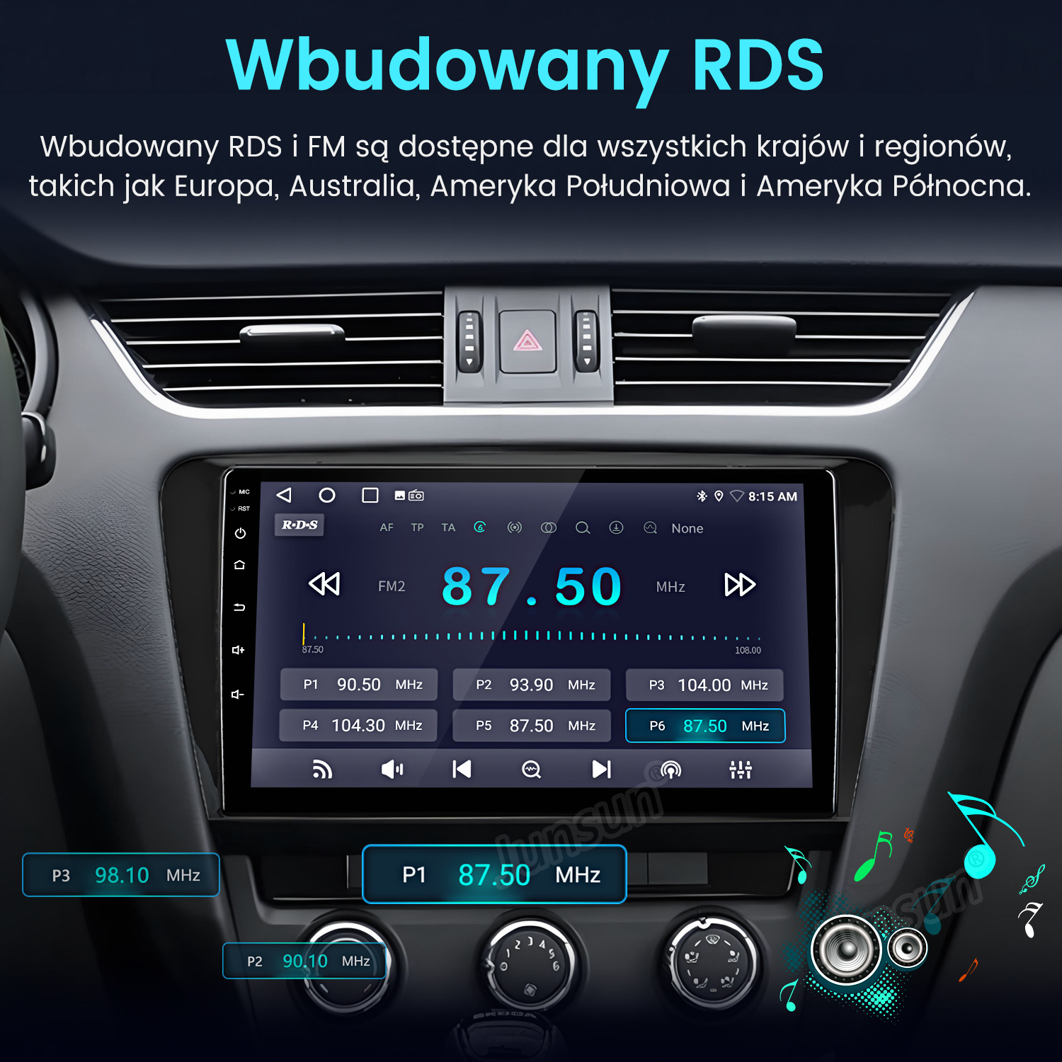 Radio samochodowe z RDS i FM, dostrojone do 87.50 MHz.