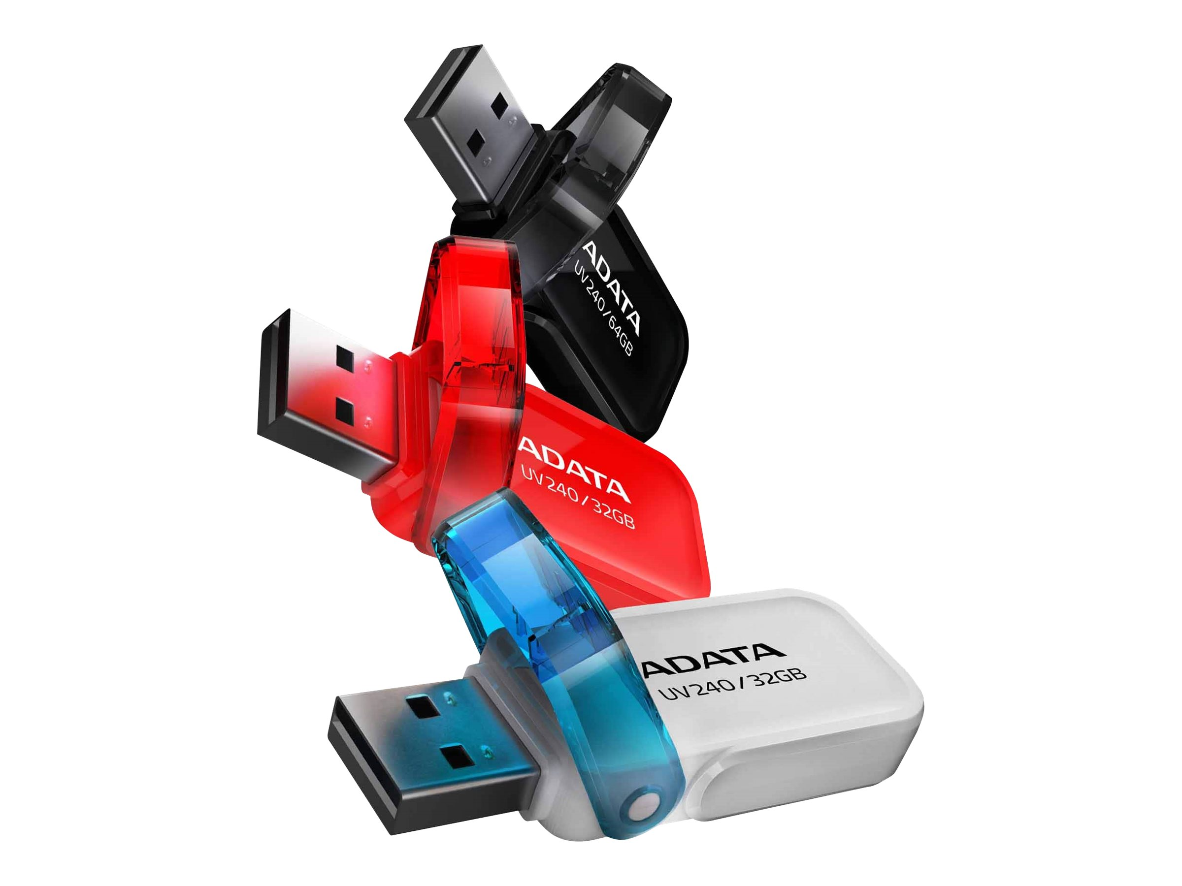 Tre chiavette USB ADATA colorate in rosso, nero e bianco con cappuccio blu.