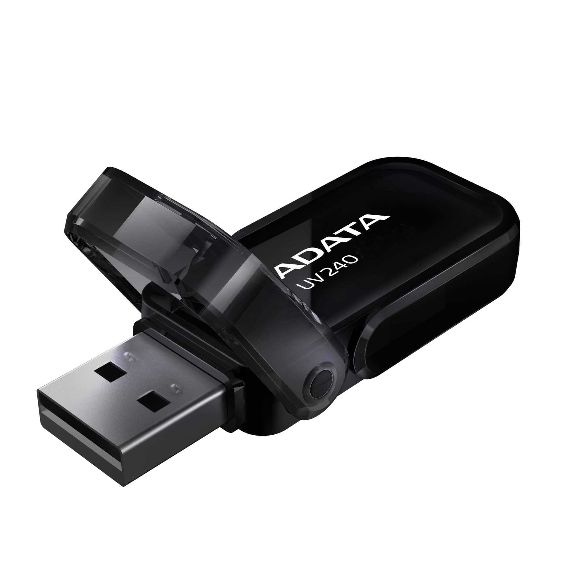 Una chiavetta USB ADATA UV240 nera con connettore girevole.