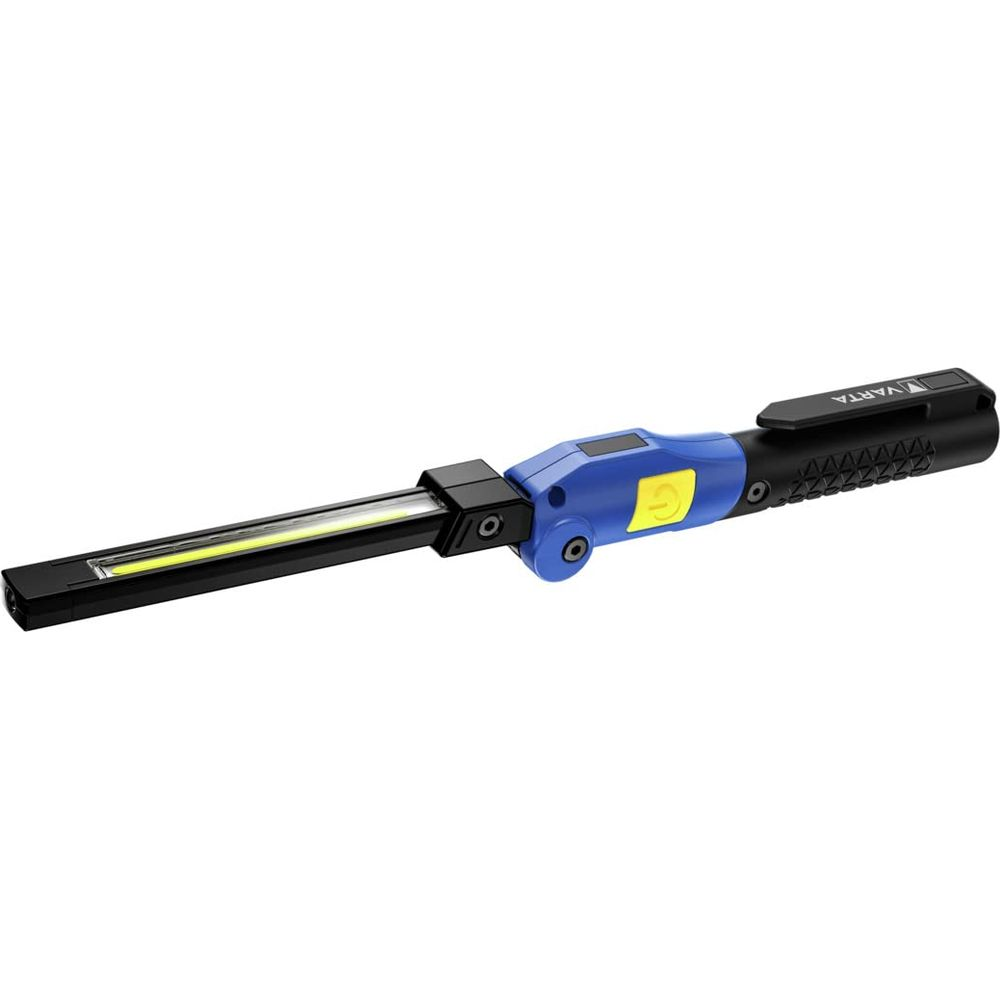 Blauer und schwarzer Varta Inspektionsstrahler mit LED-Lichtleiste und Clip.