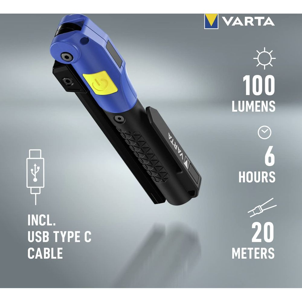 Varta Taschenlampe, 100 Lumen, 6 Std., 20m Reichweite, USB-C-Kabel.