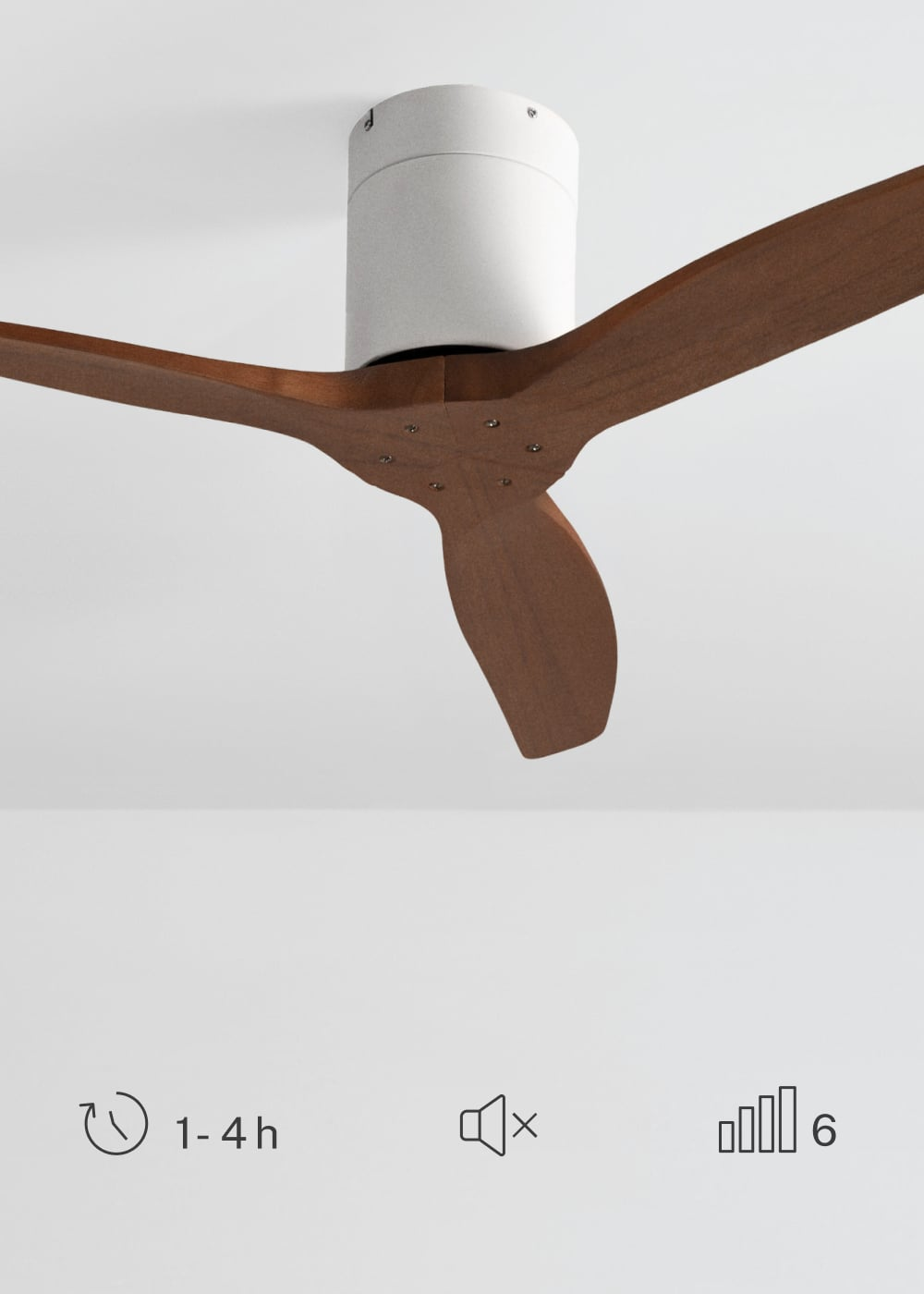 Ventilador de techo con carcasa blanca y aspas de madera. Temporizador 1-4h.