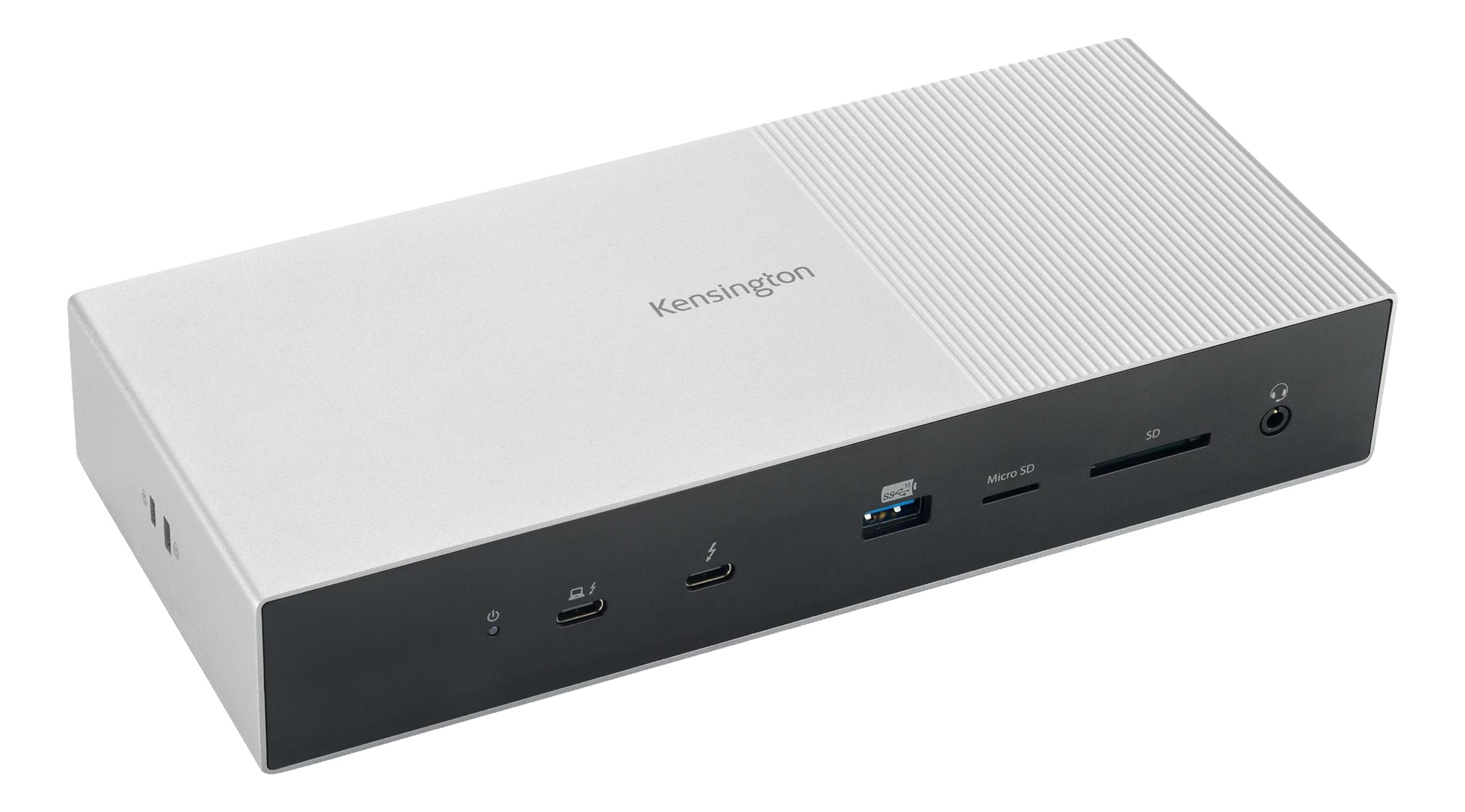 Silberne Kensington Dockingstation mit Anschlüssen: Strom, USB-C, USB-A, SD, Micro SD, Audio.