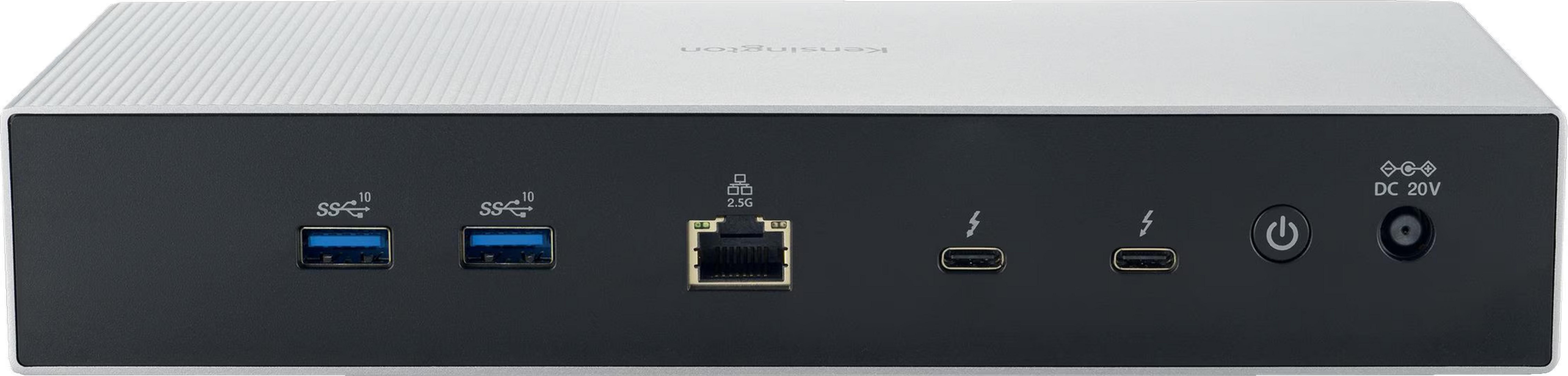 Silberne Dockingstation mit schwarzen Anschlüssen: 2x USB-A, 1x Ethernet, 2x Thunderbolt, 1x Power.