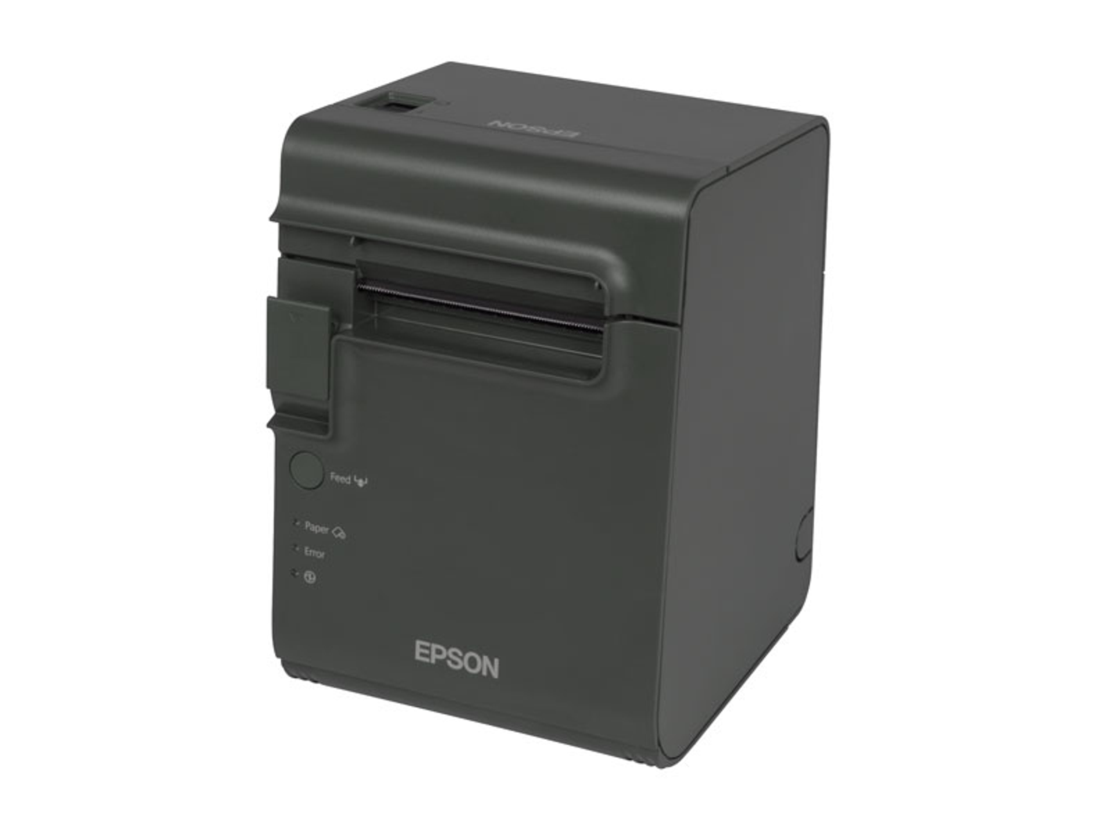 Una stampante Epson grigio scuro con fessura di uscita carta e spie.