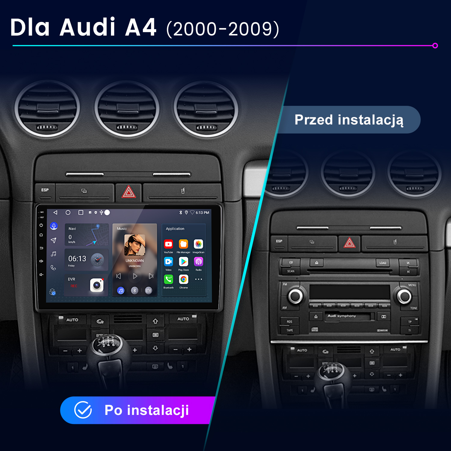 Porównanie Audi A4 przed i po instalacji nowego systemu infotainment.